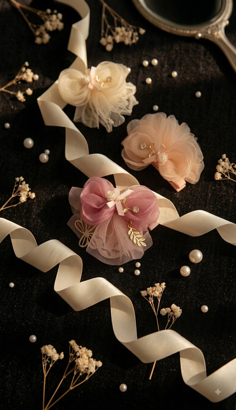 DOLCY Rosy Tulle Bow Hair Clips – Cute Tulle Bow Hair Accessories for Baby Girls
