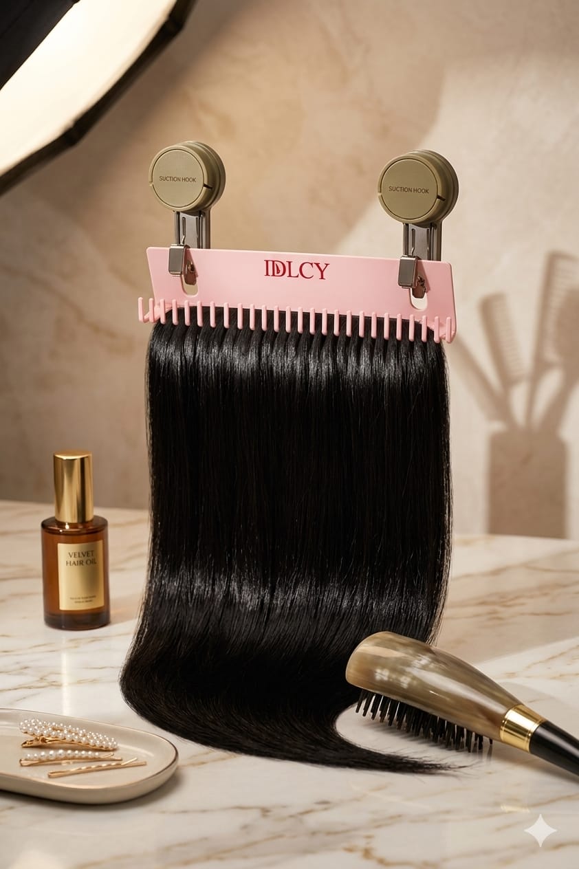 DOLCY Wall-Mounted Hair Extension Holder with Dual Suction Hooks | Tangle-Free Hair Extension & Wig Organizer
