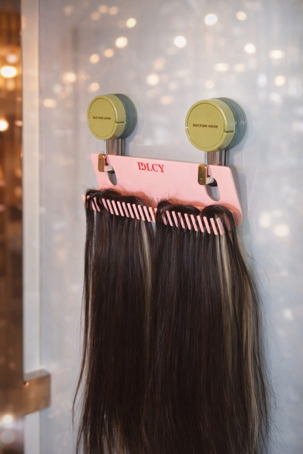 DOLCY Wall-Mounted Hair Extension Holder with Dual Suction Hooks | Tangle-Free Hair Extension & Wig Organizer