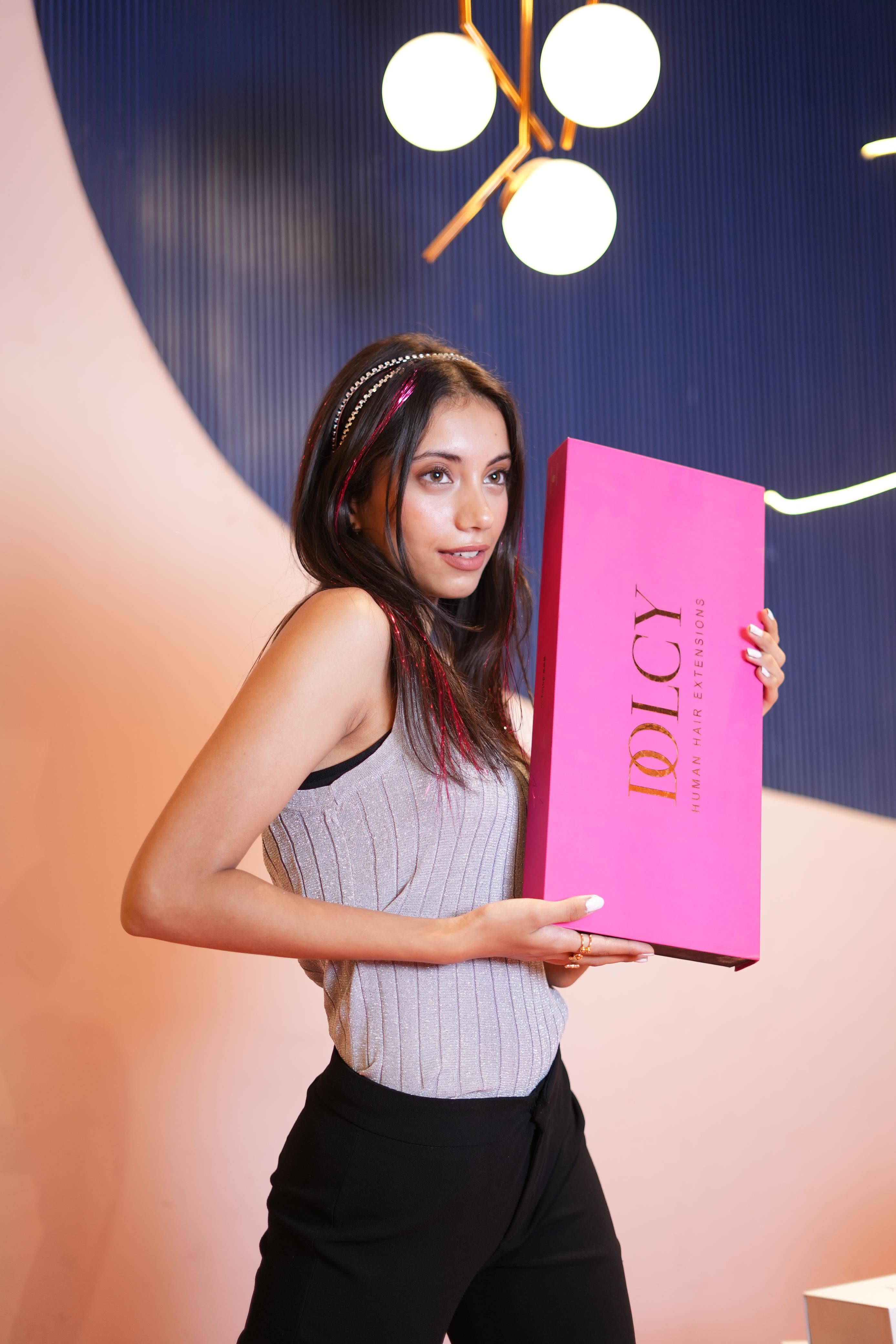 Model Wearing Dolcy Barbie Pink Glitter Clip-In Hair Tinsels – Front Portrait View Showing Bold Sparkling Pink Tinsel Strands Catching Light in Natural Dark Hair
