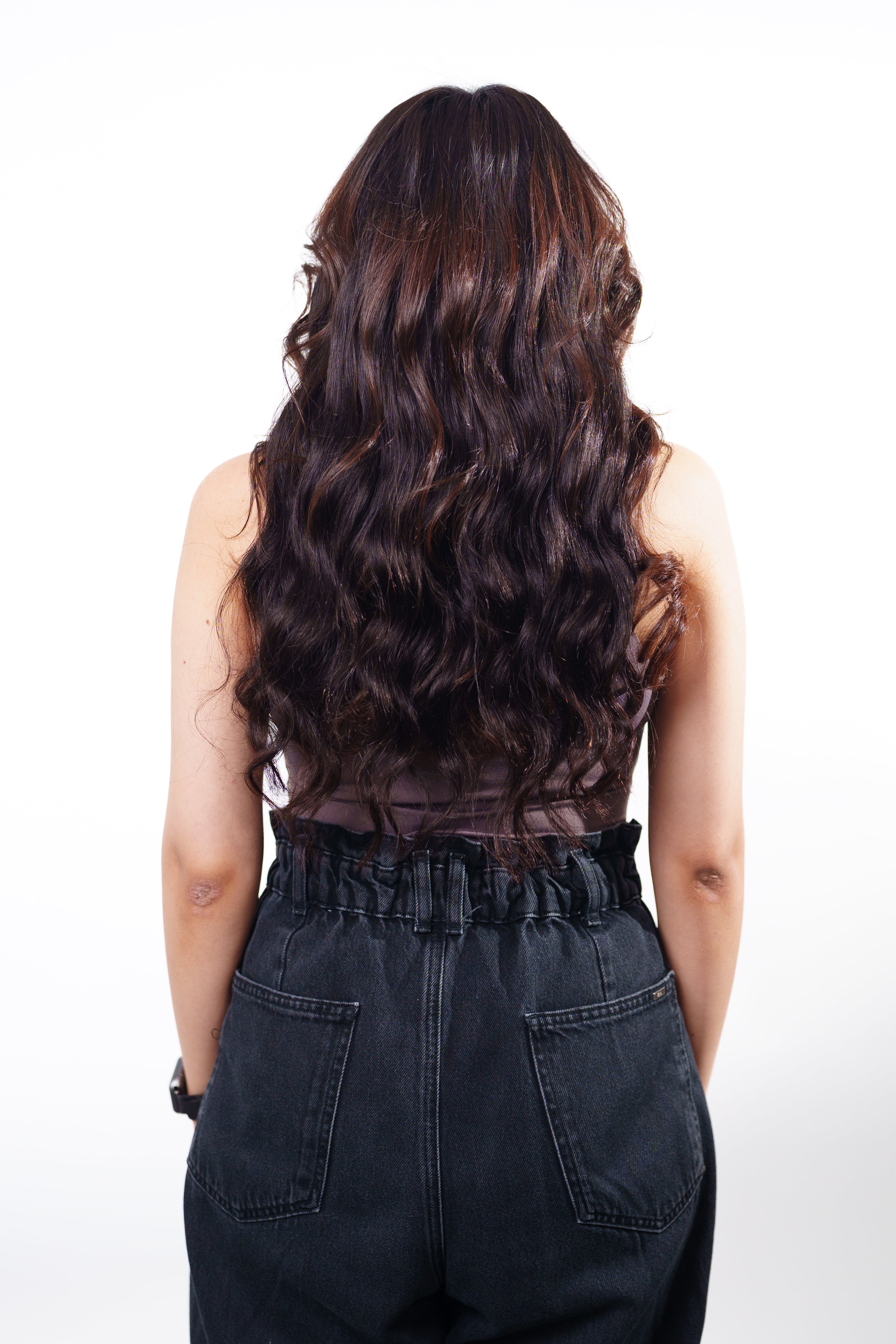 Back View of Dolcy Classic 7 Set Clip-In Wavy Hair Extension in Dark Brown – Full Width View Showing Complete 7-Patch Coverage with Natural Volume and Waves