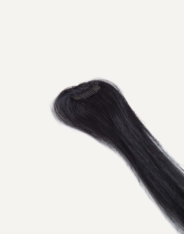 Dolcy Invisible 1 Clip Hair Patch in Jet Black – Underside Product View Showing Secure Single Clip Mechanism and Lightweight Patch Base for Easy Application