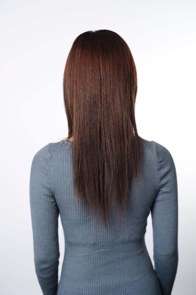 Straight silky texture of Dolcy 100% human hair V shape extension – heat-styleable and natural-looking