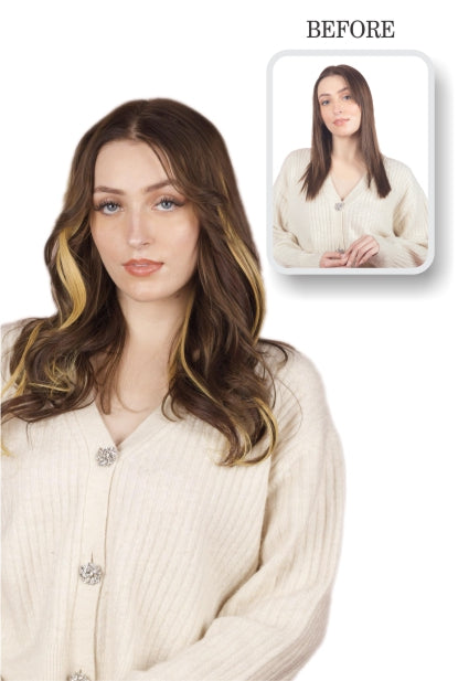 Dolcy Tortilla Clip-In Hair Streaks before and after – model with dark brown wavy hair showing sun-kissed warm blonde tortilla streaks framing the face