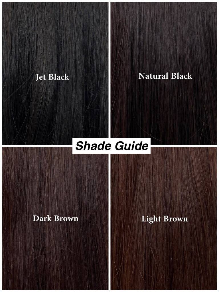 Dolcy 2 Clip Invisible Hair Patch Shade Guide – Colour Comparison of All 4 Available Shades: Jet Black, Natural Black, Dark Brown and Light Brown