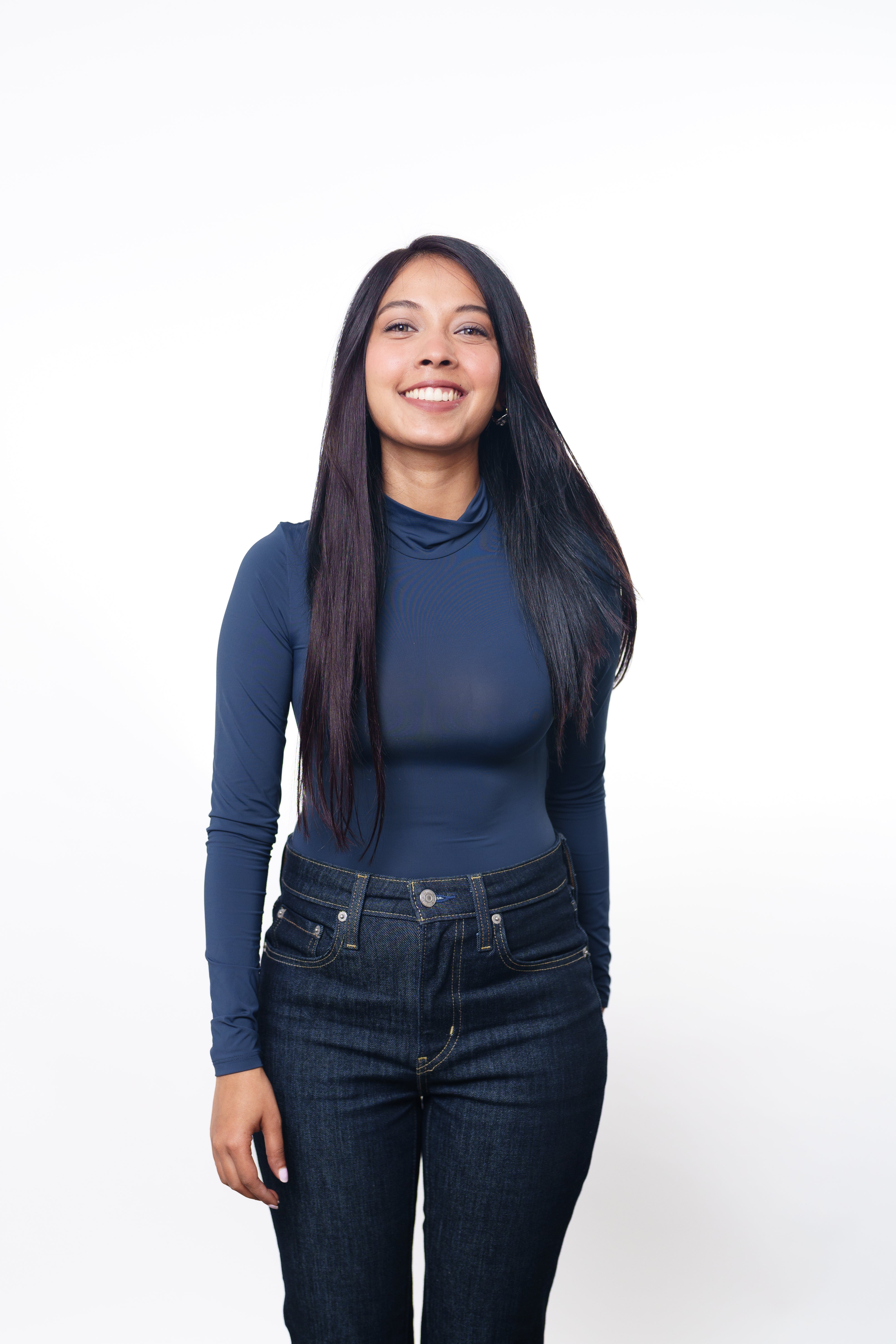 Dolcy Classic 2 Set Clip-In Straight Hair Extension in Jet Black – Natural Side Drape and Volume on Model, Lifestyle Front View